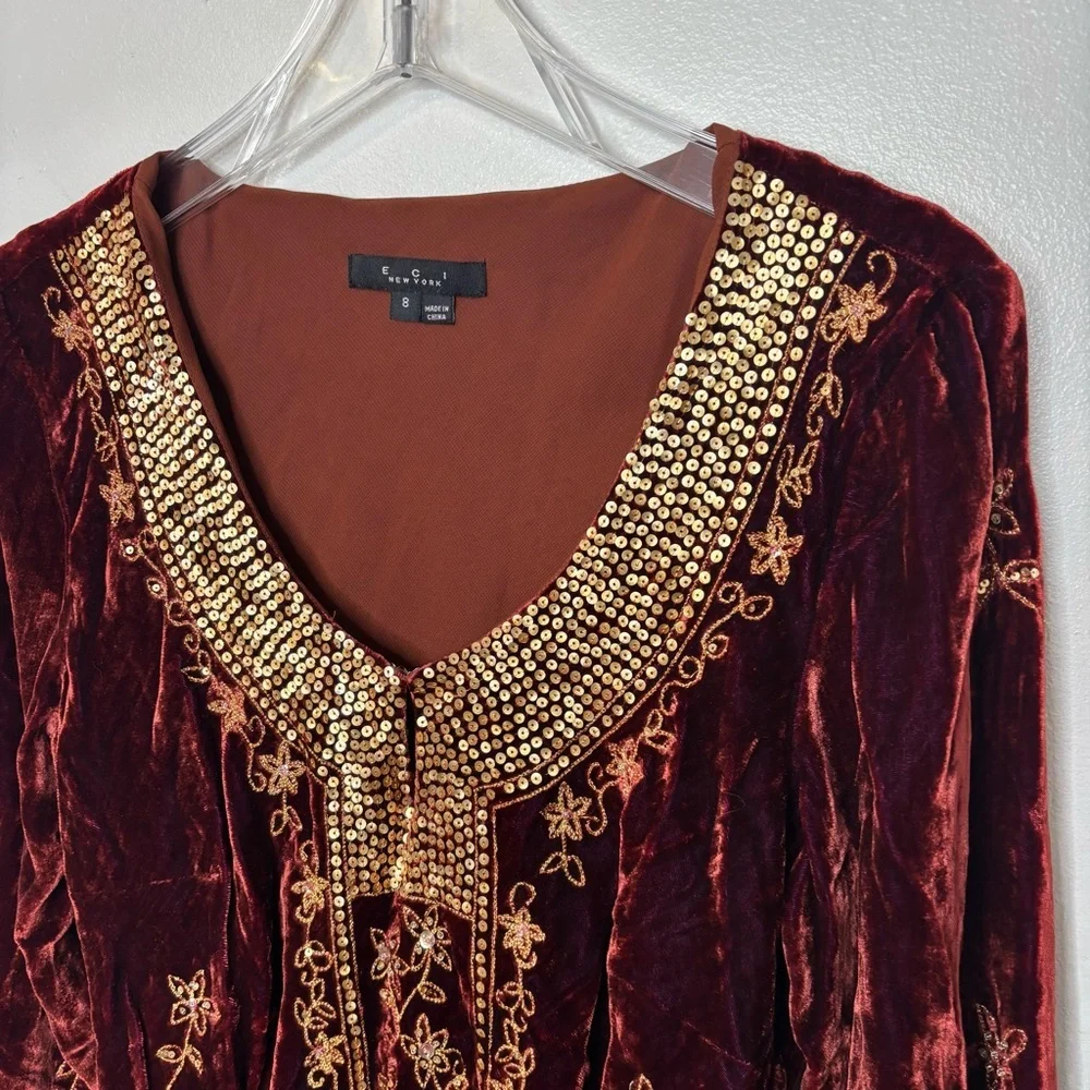 Eci New York Velvet Sequin Embellished Top Size 8 Wine Boho - Picture 7 of 13